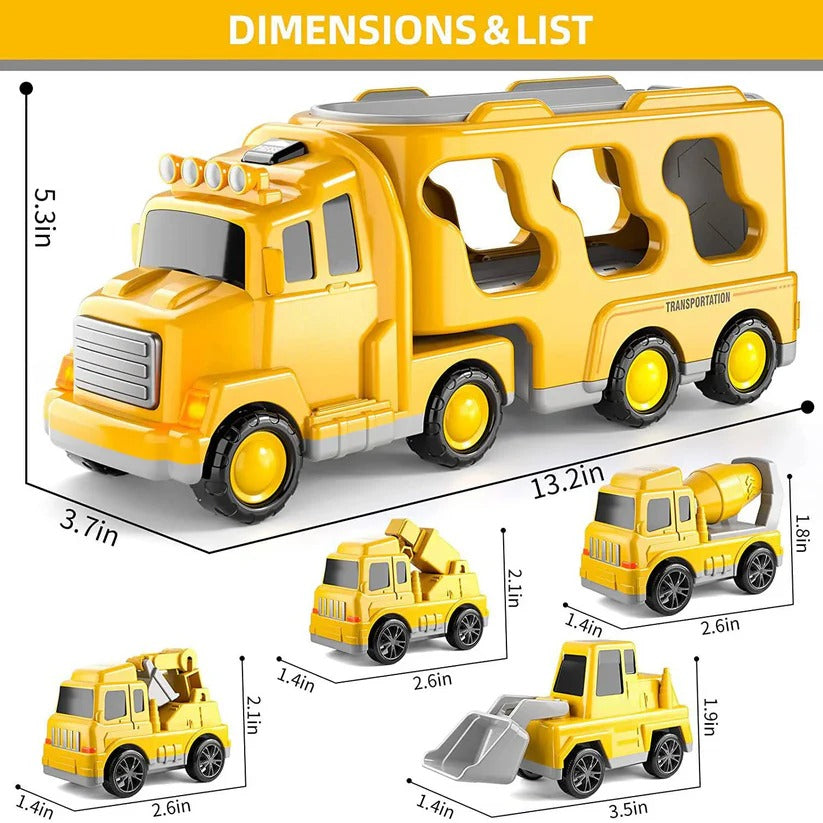 Construction Truck Toy Set With Carrier And Ramp, 5-Piece Playset