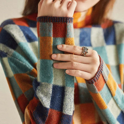 Women's Winter Roll Neck Jumper in Multicoloured Check Knit