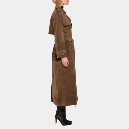 Manteau Long Femme en Suédine – Élégance Ceinturée & Style Intemporel