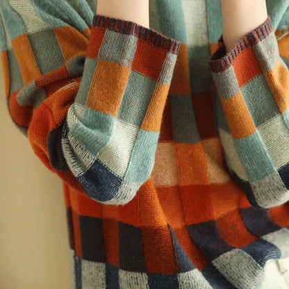 Women's Winter Roll Neck Jumper in Multicoloured Check Knit