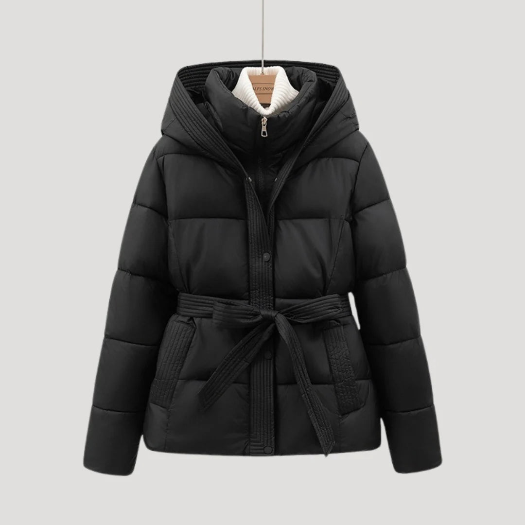 Women's Winter Quilted Puffer Jacket with Hood and Adjustable Belt