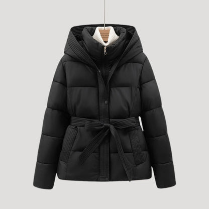 Women's Winter Quilted Puffer Jacket with Hood and Adjustable Belt