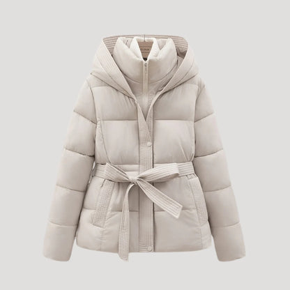 Women's Winter Quilted Puffer Jacket with Hood and Adjustable Belt