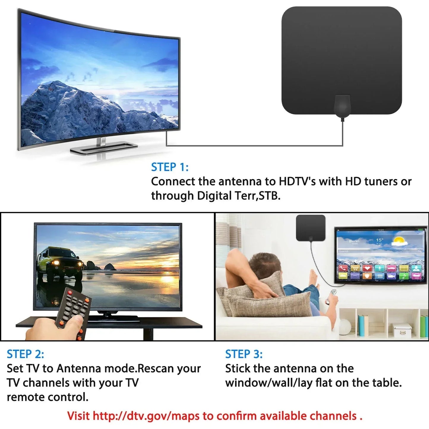 Indoor Digital HDTV Antenna With 300-Mile Amplified Signal Booster