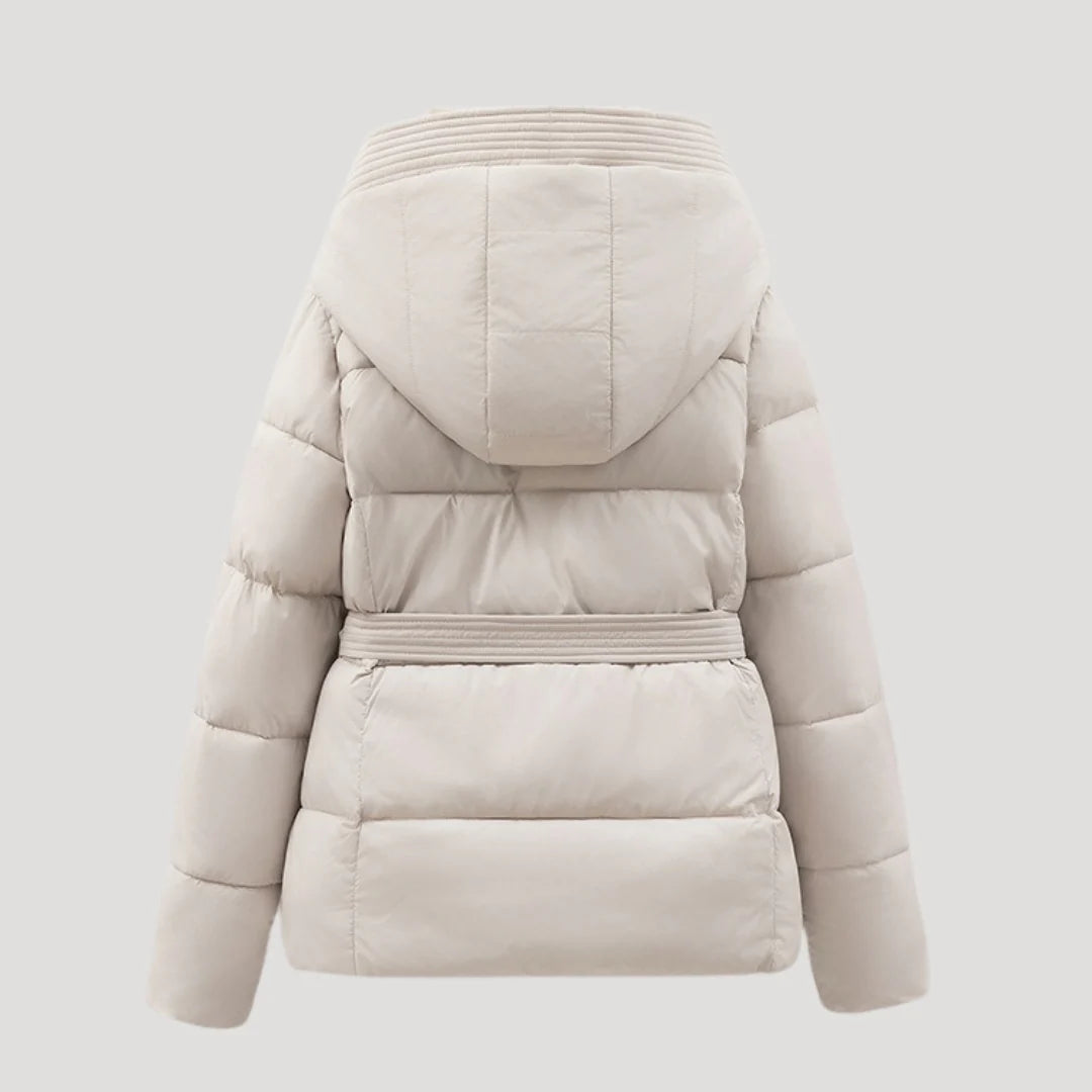 Women's Winter Quilted Puffer Jacket with Hood and Adjustable Belt