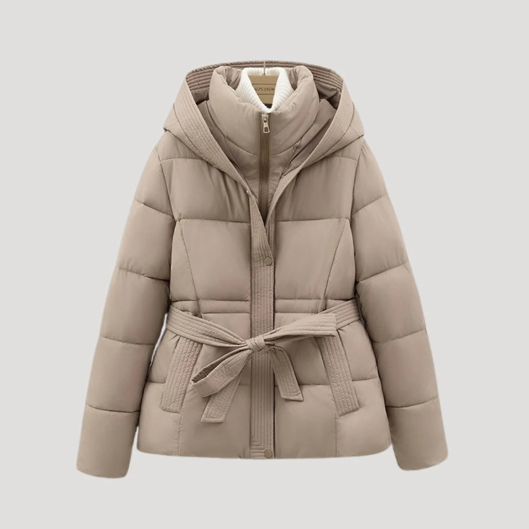 Women's Winter Quilted Puffer Jacket with Hood and Adjustable Belt