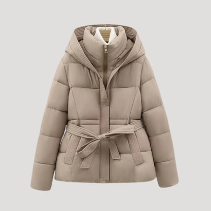 Women's Winter Quilted Puffer Jacket with Hood and Adjustable Belt