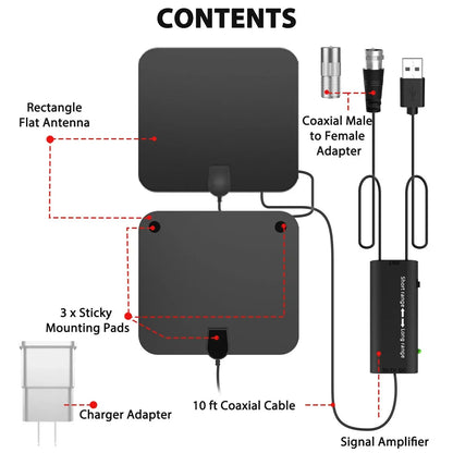 Indoor Digital HDTV Antenna With 300-Mile Amplified Signal Booster
