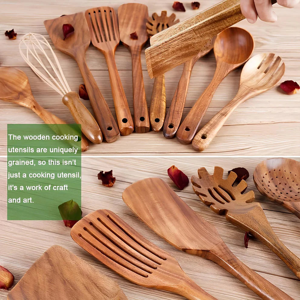 11-Piece Wooden Kitchen Utensil – Holder included