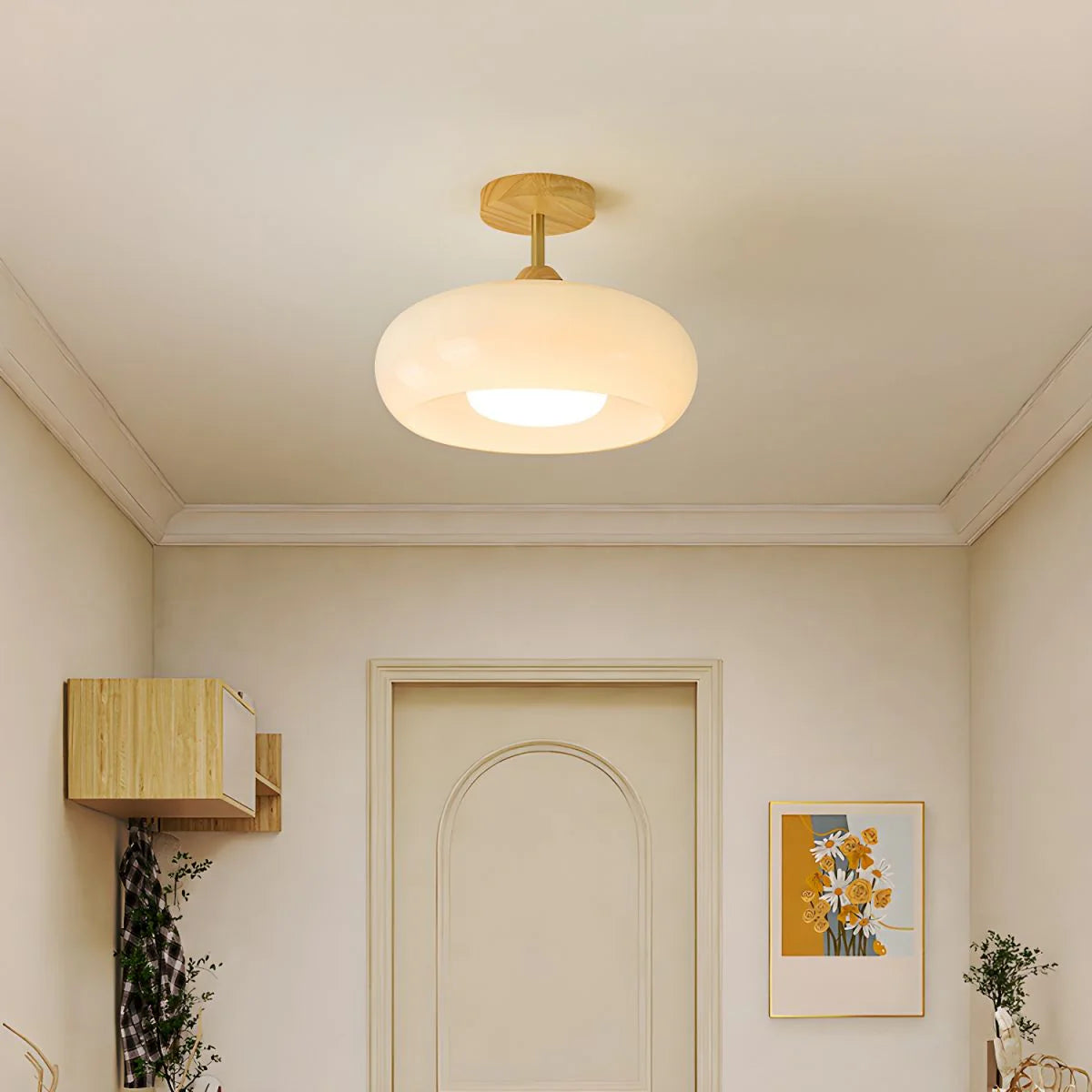 Ceiling Light Wood Glass Drum Vintage Style