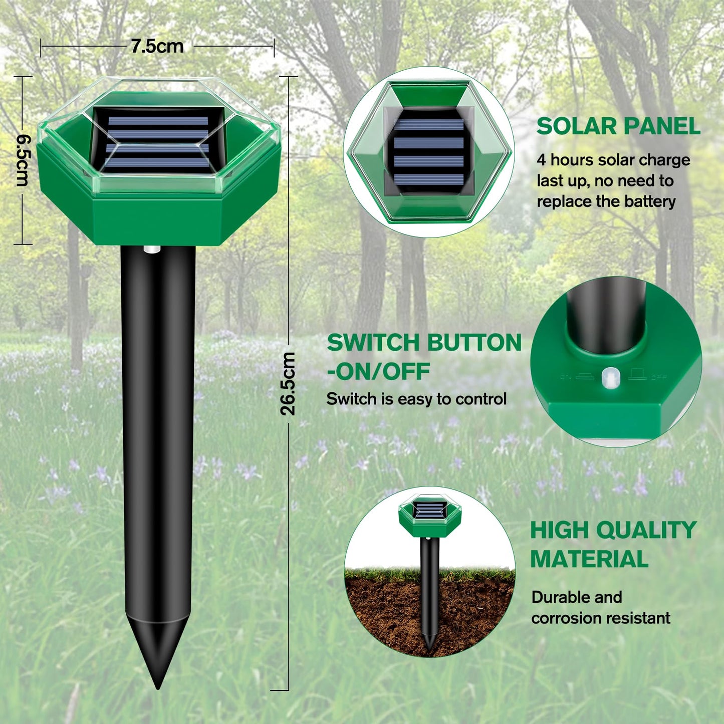Mole Repellent Ultrasonic Ground Stakes 4-Pack For Lawns And Gardens