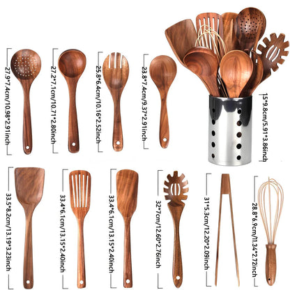 11-Piece Wooden Kitchen Utensil – Holder included