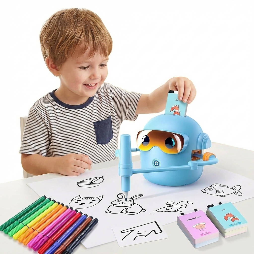 Drawing Robot for Kids with 100 Cards and 16 Washable Markers, Rechargeable STEM Toy
