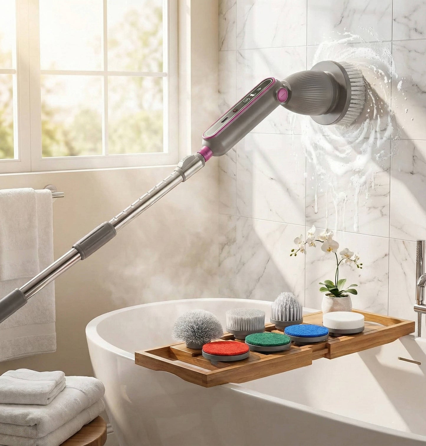 Cordless Spin Scrubber with Telescoping Handle and 7 Brush Heads, 120-Minute Runtime