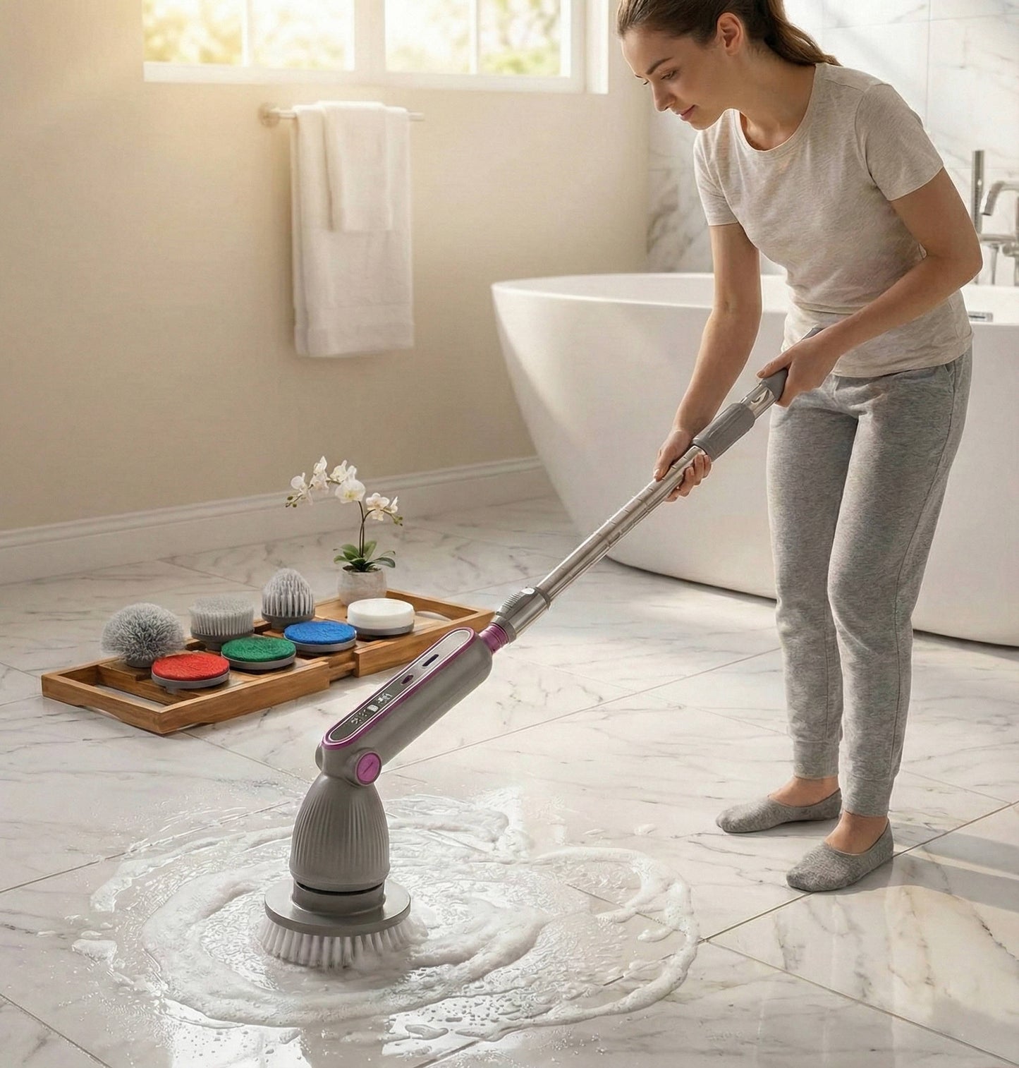 Cordless Spin Scrubber with Telescoping Handle and 7 Brush Heads, 120-Minute Runtime