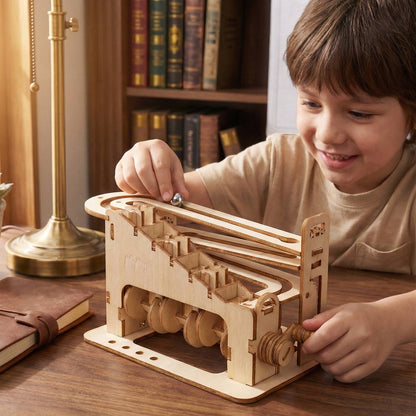 Marble Puzzle with Hand Crank and Gear-Driven Motion, Wooden Rebuildable Desk Sculpture