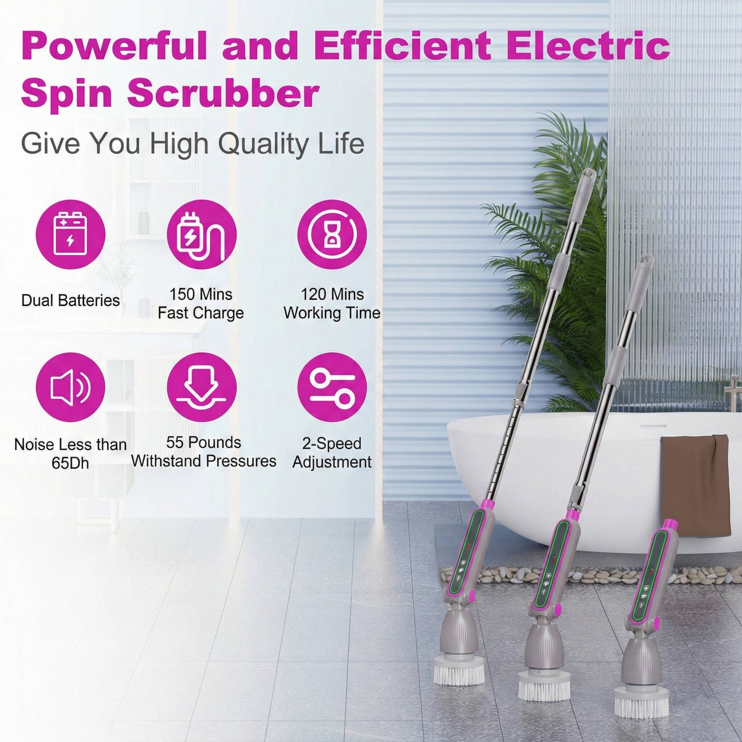 Cordless Spin Scrubber with Telescoping Handle and 7 Brush Heads, 120-Minute Runtime