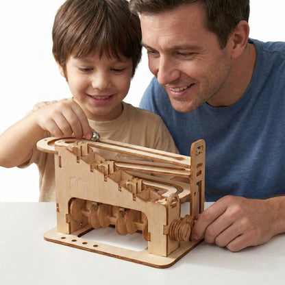 Marble Puzzle with Hand Crank and Gear-Driven Motion, Wooden Rebuildable Desk Sculpture
