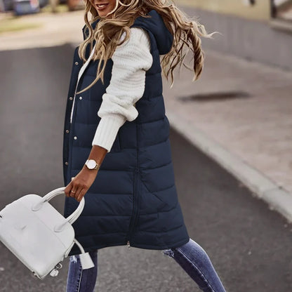 Women's Long Hooded Quilted Sleeveless Vest