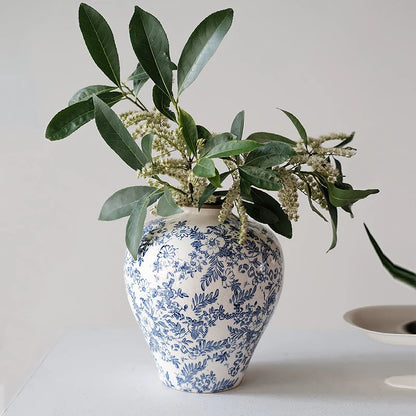 Hand-Painted Flower Ceramic Vase | Rustic Chinoiserie Floral Decor