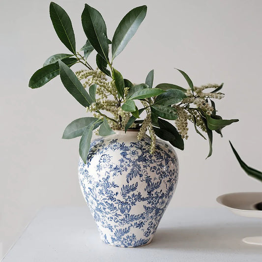 Hand-Painted Flower Ceramic Vase | Rustic Chinoiserie Floral Decor
