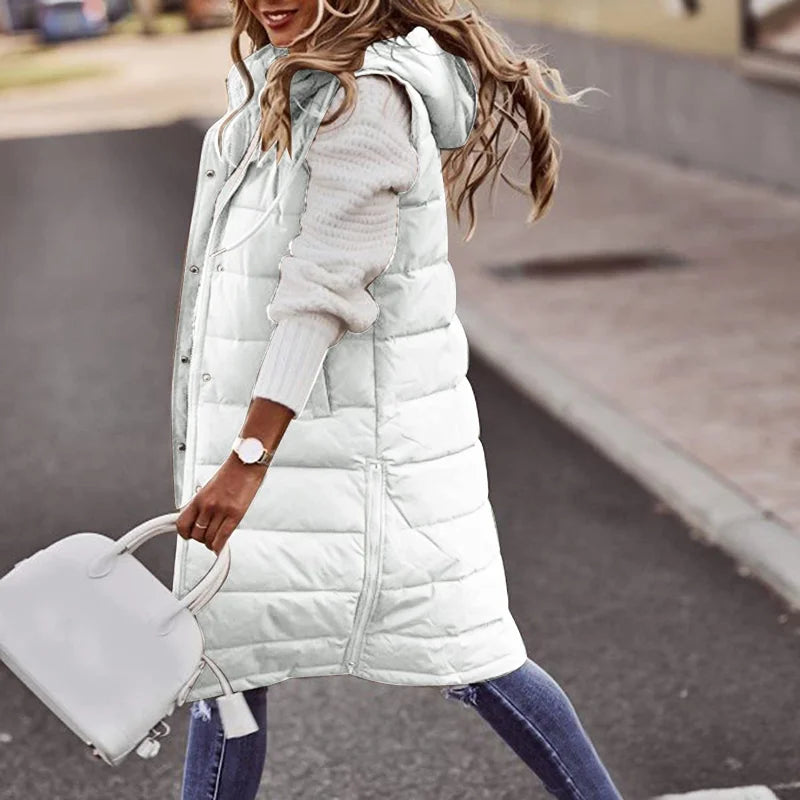 Women's Long Hooded Quilted Sleeveless Vest