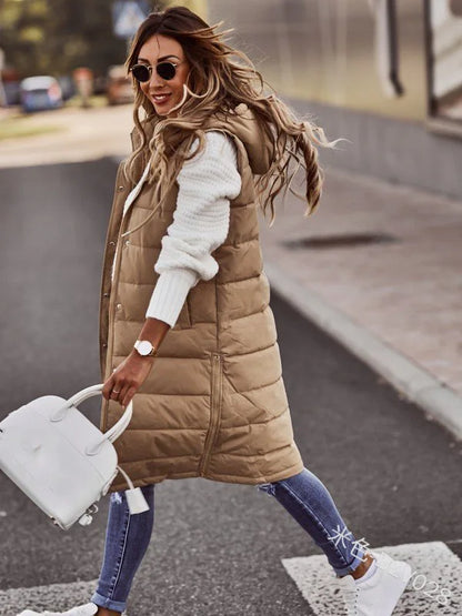 Women's Long Hooded Quilted Sleeveless Vest