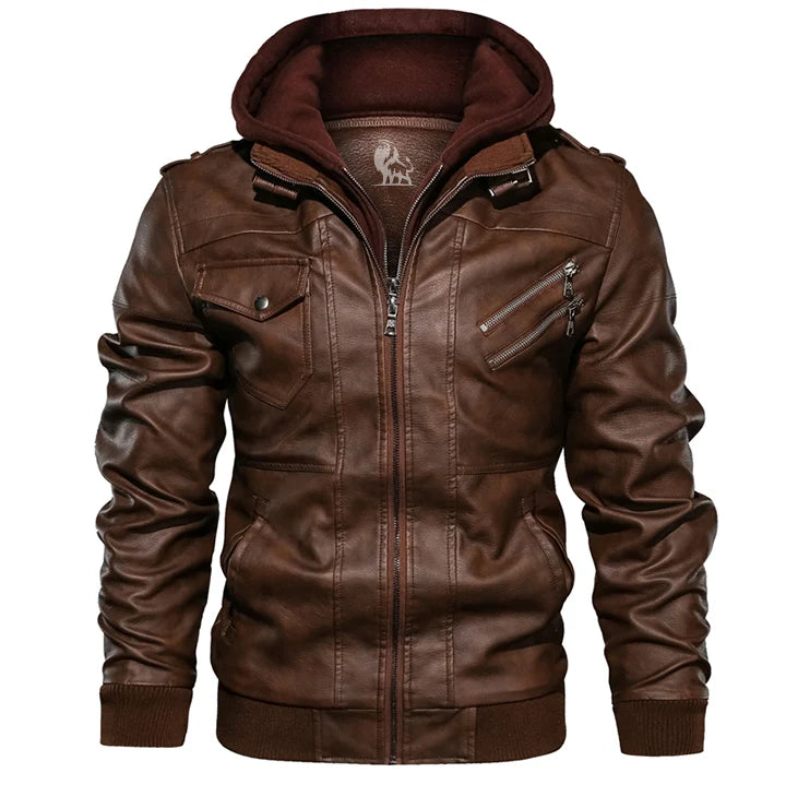 Men's Faux Leather Jacket with Detachable Hood