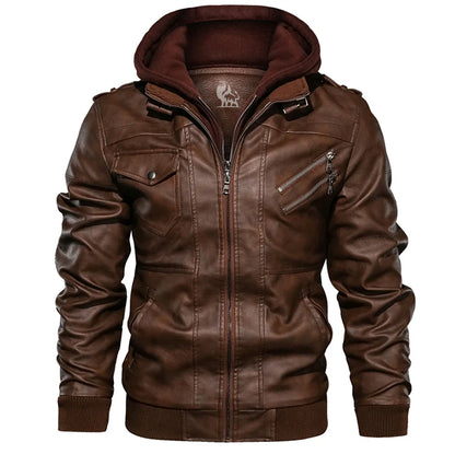 Men's Faux Leather Jacket with Detachable Hood