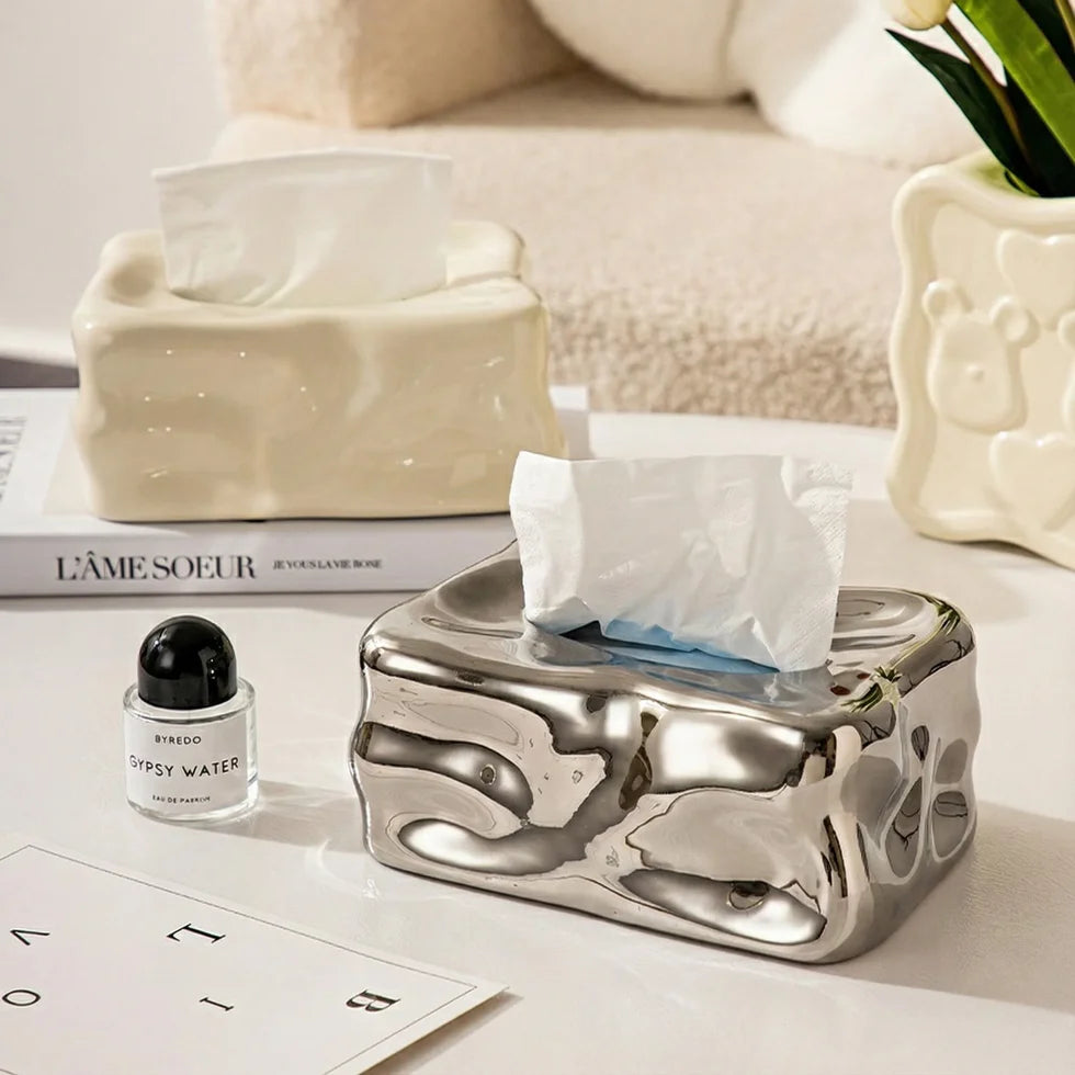Wavy Sculptural Tissue Box Cover | Modern Melting Ceramic Decor