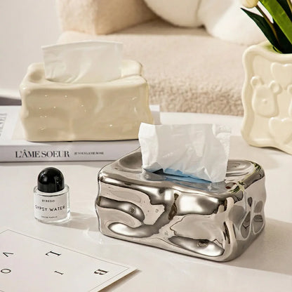 Wavy Sculptural Tissue Box Cover | Modern Melting Ceramic Decor