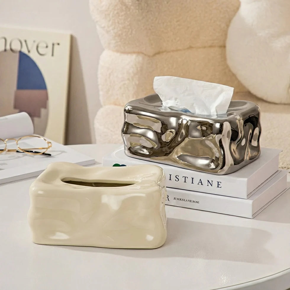 Wavy Sculptural Tissue Box Cover | Modern Melting Ceramic Decor