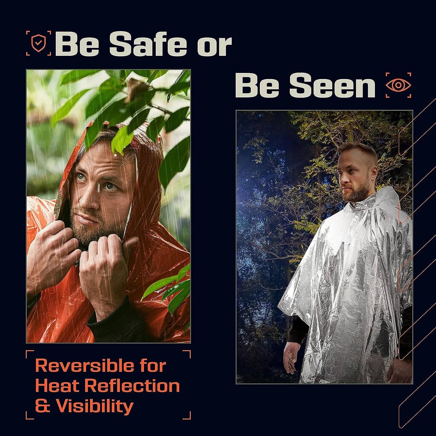 Rain Poncho with Reflective Interior and Reversible High-Visibility Side, Two-Pack