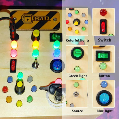 Busy Board for Toddlers with LED Lights and Multiple Switches, Portable Wooden Sensory Toy