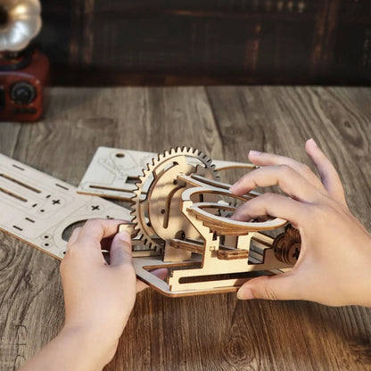 Marble Puzzle with Hand Crank and Gear-Driven Motion, Wooden Rebuildable Desk Sculpture