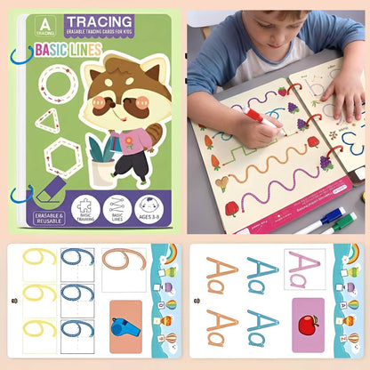 Kindergarten Writing Workbook with Waterproof Reusable Pages and Exercise Cards, Tracing