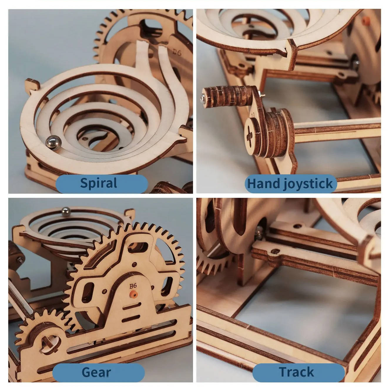 Marble Puzzle with Hand Crank and Gear-Driven Motion, Wooden Rebuildable Desk Sculpture