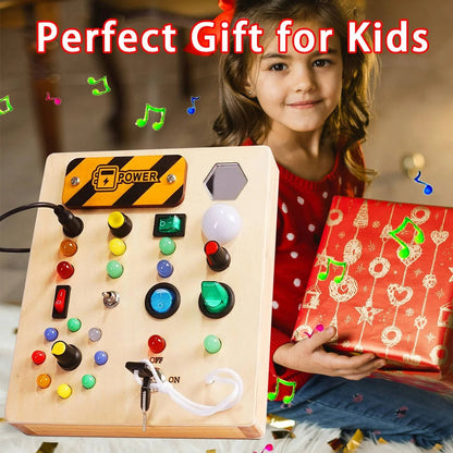 Busy Board for Toddlers with LED Lights and Multiple Switches, Portable Wooden Sensory Toy