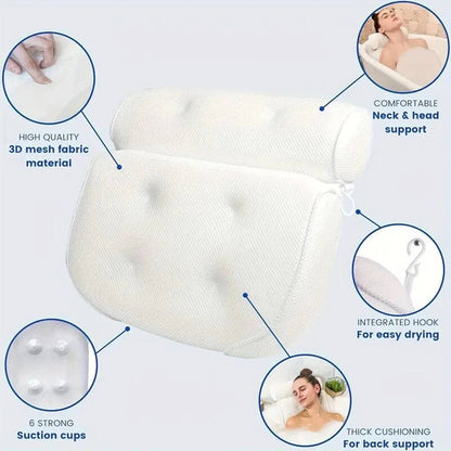 Bathtub Pillow with Six Suction Cups and Ergonomic Contour, Quick-Dry 3D Mesh