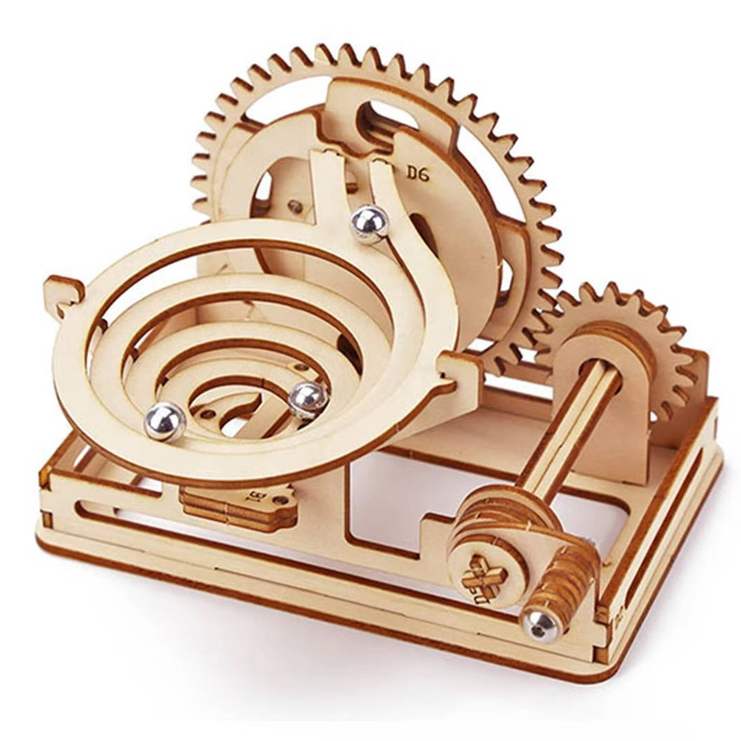 Marble Puzzle with Hand Crank and Gear-Driven Motion, Wooden Rebuildable Desk Sculpture
