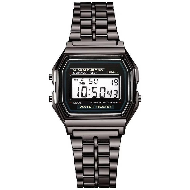 Vintage Digital Watch with Stainless Steel Band and LED Display, Unisex, Splash Resistant