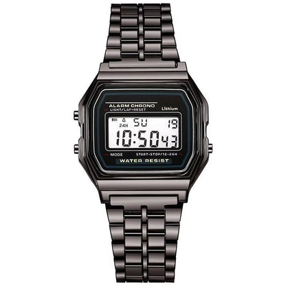 Vintage Digital Watch with Stainless Steel Band and LED Display, Unisex, Splash Resistant