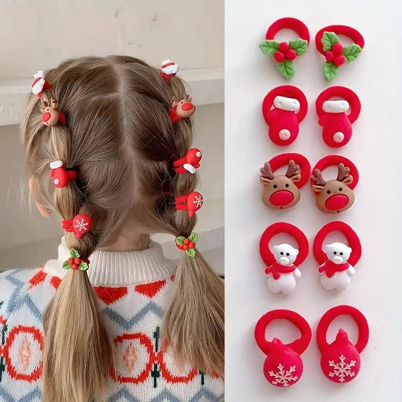 Hair Ties for Girls with 3D Holiday Charms and Soft Stretch Elastic, 10-Pack