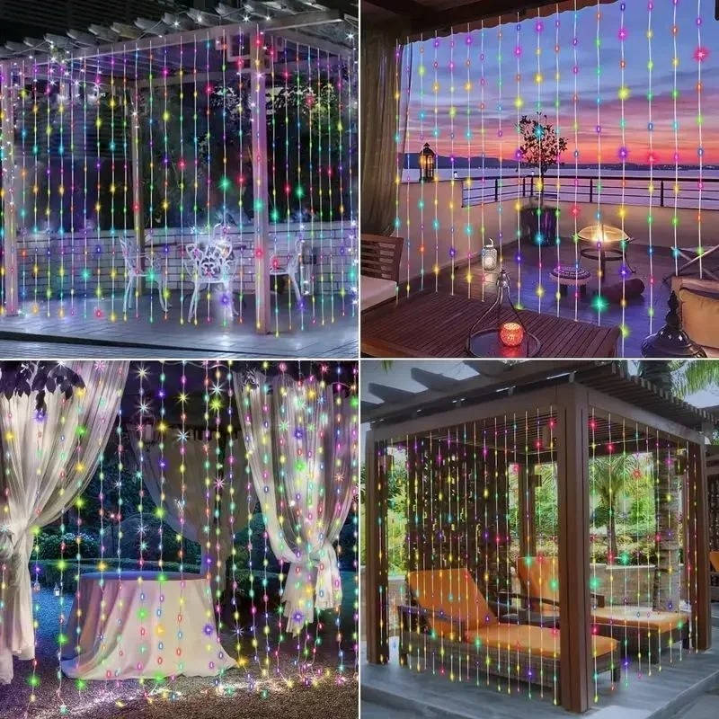 Solar Curtain Lights with Waterproof Panel and Multicolor LEDs for Patio