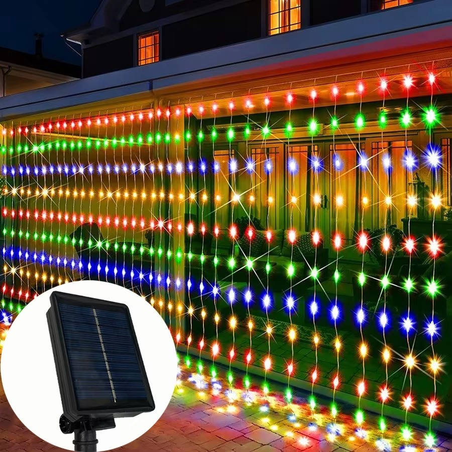 Solar Curtain Lights with Waterproof Panel and Multicolor LEDs for Patio