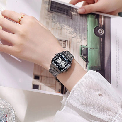 Vintage Digital Watch with Stainless Steel Band and LED Display, Unisex, Splash Resistant