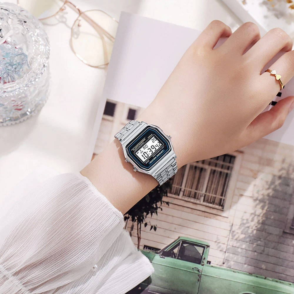 Vintage Digital Watch with Stainless Steel Band and LED Display, Unisex, Splash Resistant