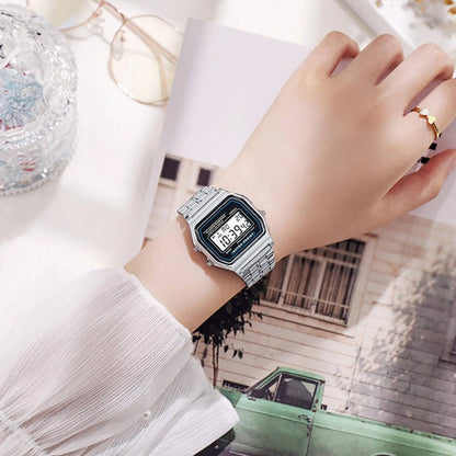 Vintage Digital Watch with Stainless Steel Band and LED Display, Unisex, Splash Resistant