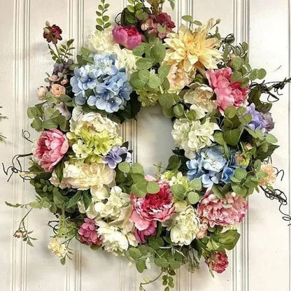 Artificial Hydrangea Wreath Rainbow Multicolor Silk Flowers For Front Door