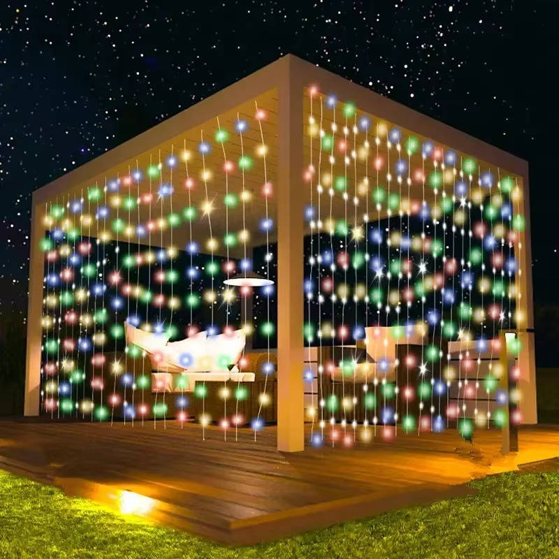 Solar Curtain Lights with Waterproof Panel and Multicolor LEDs for Patio